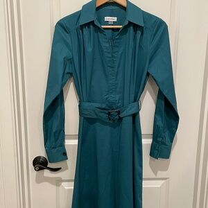 Calvin Klein Dark Teal Green Midi Long Sleeve Shirt Dress with Belt Size 4